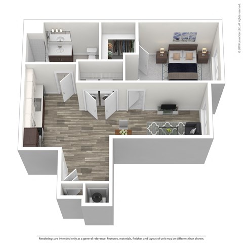 A 3D rendered image of a modern apartment layout.